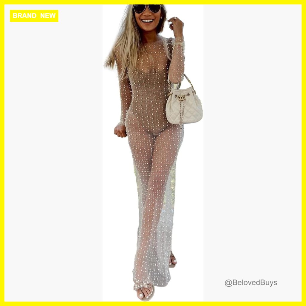 Large Mesh Maxi Dress With Pearl Rhinestones Beach Cover Up Sheer